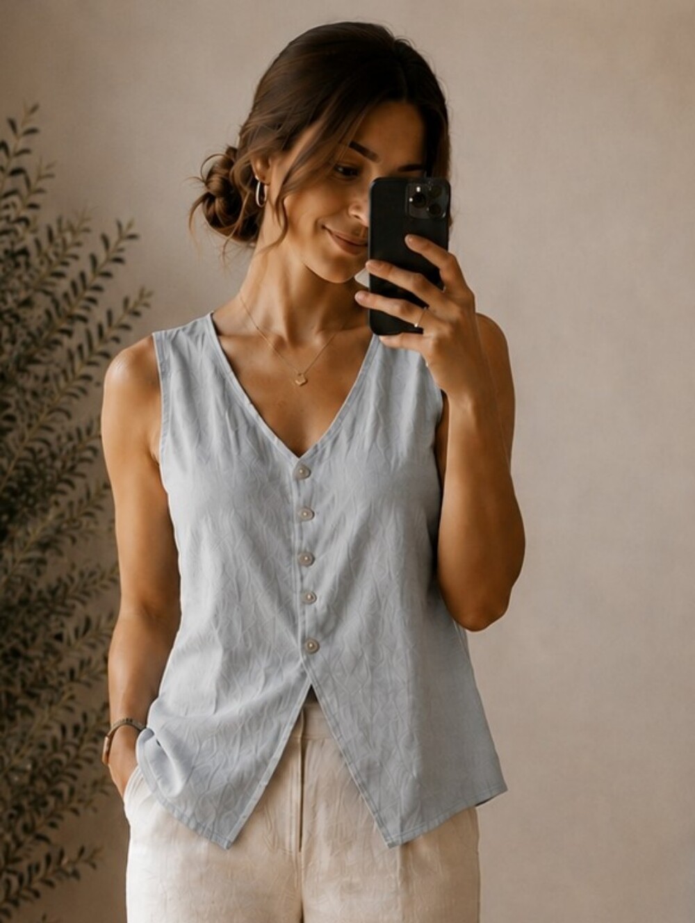Bella Vita Made in Italy Light Blue Linen Button Front Sleeveless Top Size M